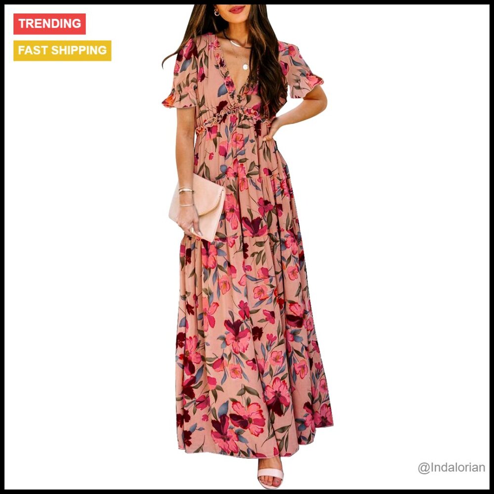 Boho Floral Maxi Dress V Neck Short Sleeve Ruched Cocktail Evening Party